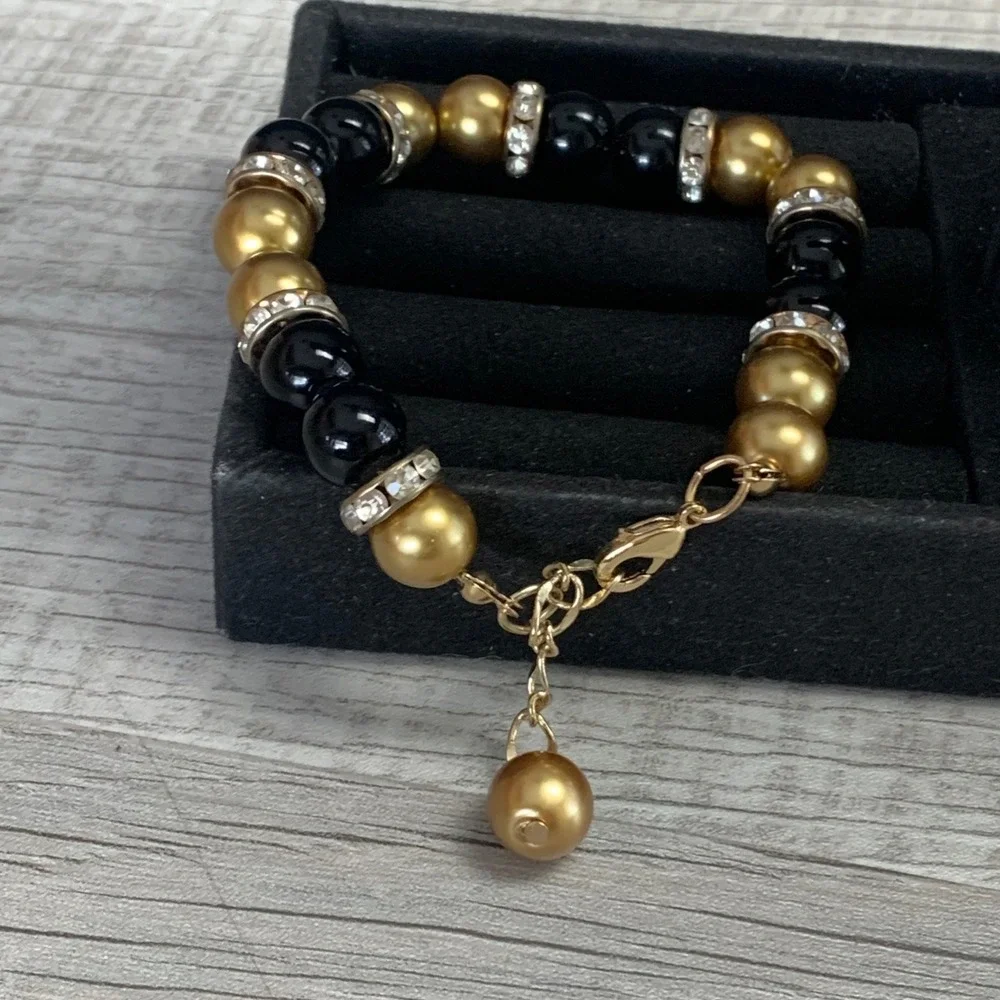Black and Gold Faux Pearl Bead Bracelet Rhinestone Spacers Adjustable 7-8.5 In